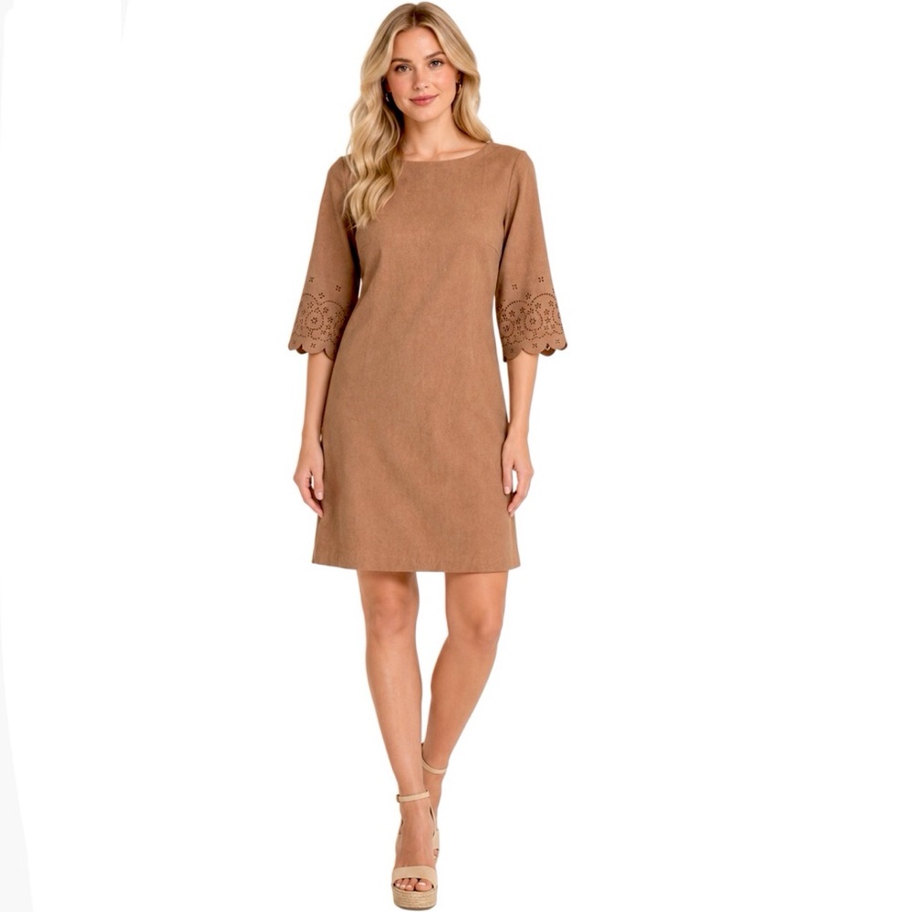Et Cetera Tan Faux Suede Dress 3/4 Laser Cut Sleeves Size 4